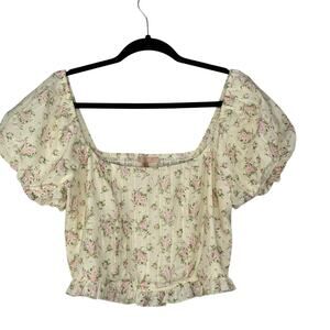 Women’s Crop Top Puff Sleeve Pleats Shirred Coquette Cottagecore Ivory Size XL